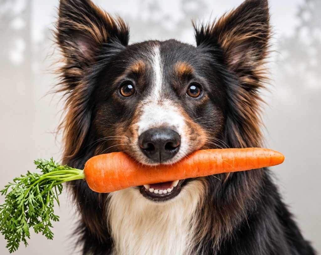 Border collie sosteniendo una zanahoria en la boca, artículo sobre alimentación saludable para mascotas