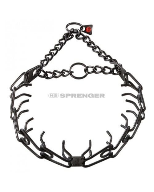 Collar de púas Herm Sprenger Ultra-Plus de acero negro con cadena de montaje y placa central