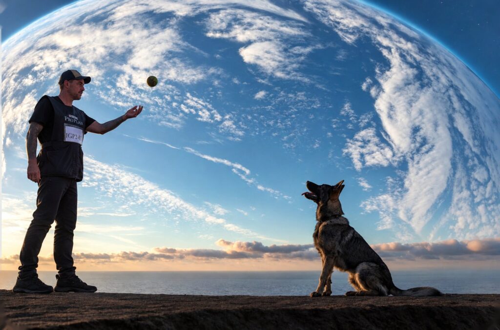 Adiestrador lanzando pelota a pastor alemán en sesión de adiestramiento IGP, con el planeta Tierra de fondo